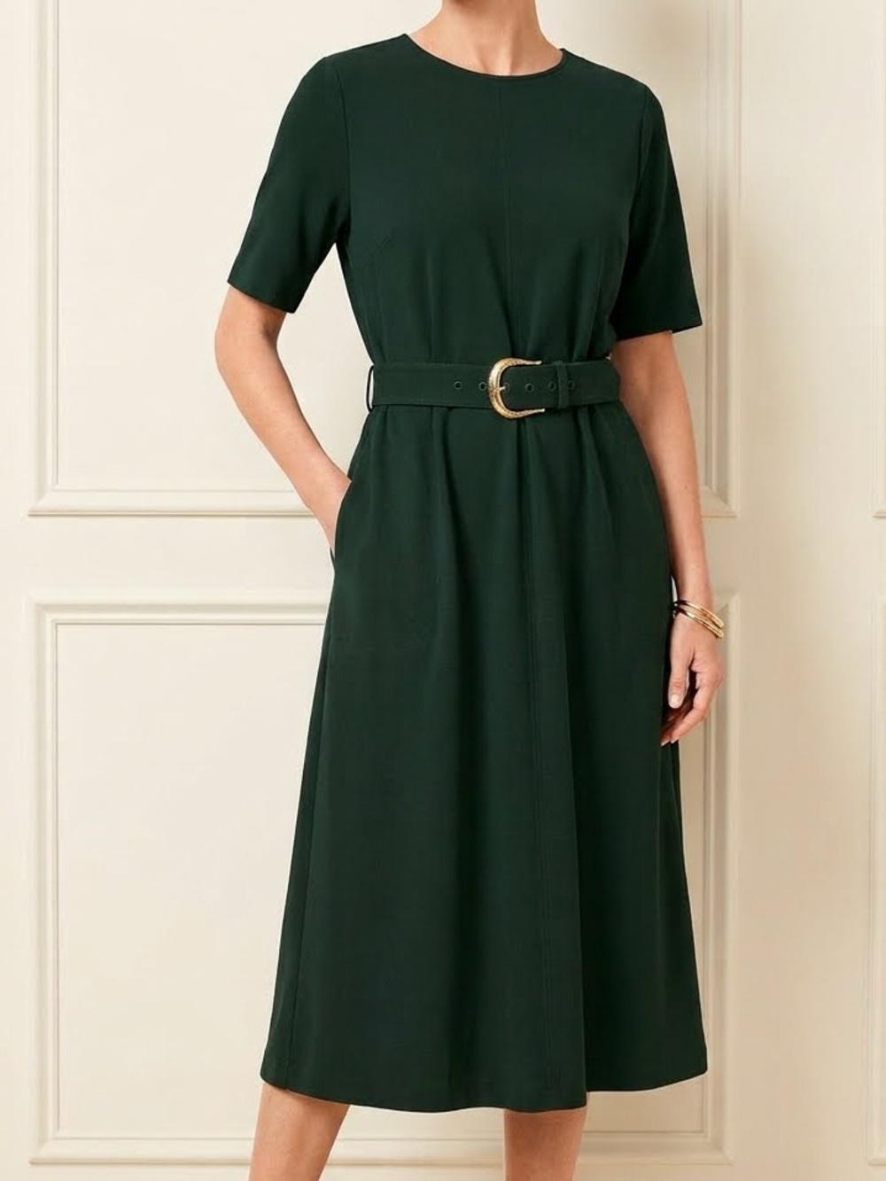 Vintage Talbots Hunter Green Cotton Knit Midi Dress with Belt & Pockets - Size M